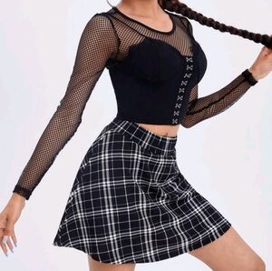 NWOT SHEIN Hook & Eye Placket Cami Top & Tartan Print Skirt Set With Sheer Top